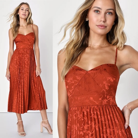 Lulus Dresses & Skirts - Lulus Regal Romance Rust Floral Jacquard Pleated Satin Midi Dress Medium Orange
